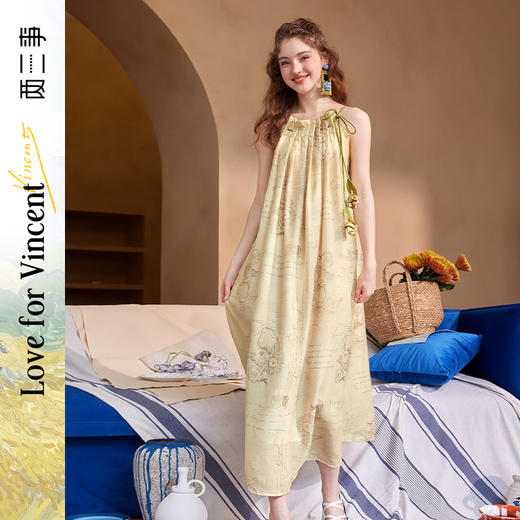 两三事梵高艺术养梦者夏季新款立体花朵绑带压褶吊带连衣裙 商品图0