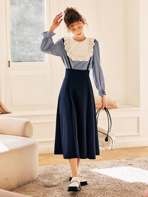 OLrain欧芮儿法式藏青色吊带半身裙女夏季2023新款高腰A字伞摆裙 商品图3