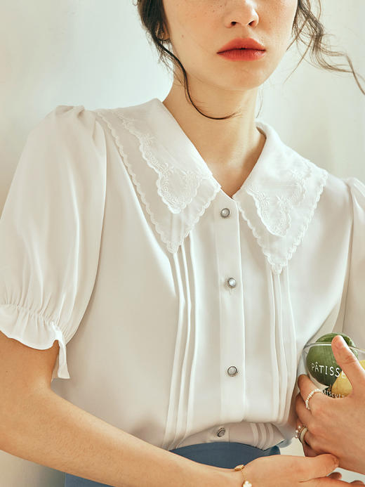 OLrain欧芮儿法式白色蕾丝雪纺衫女夏季2023新款气质时尚别致衬衫 商品图1