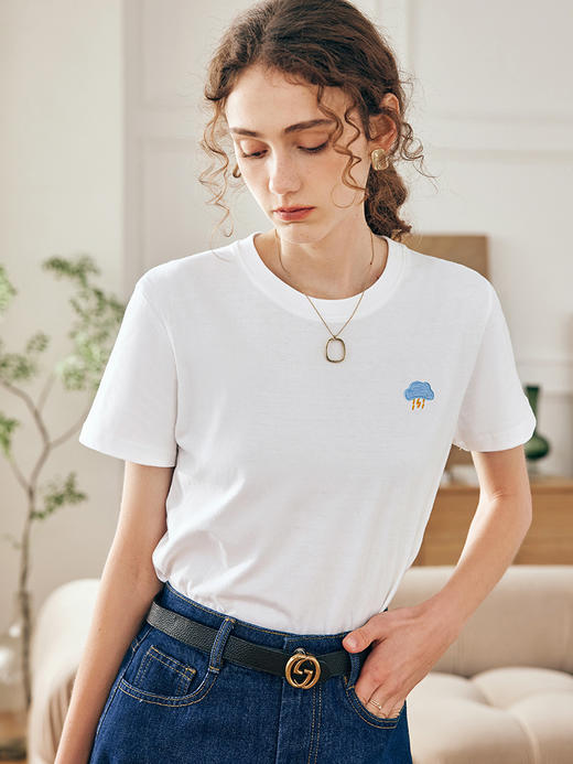 OLrain欧芮儿法式米白色短袖T恤女夏季2023新款宽松刺绣纯棉上衣 商品图3