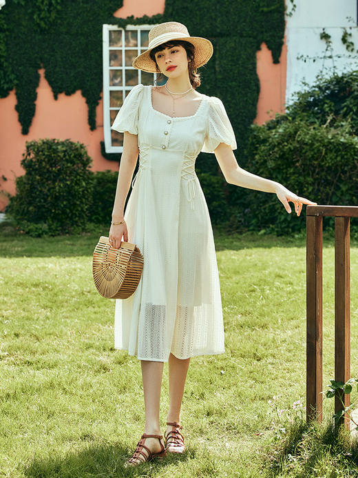 OLrain欧芮儿法式方领连衣裙女夏季2023年新款收腰系带泡泡袖裙子 商品图3