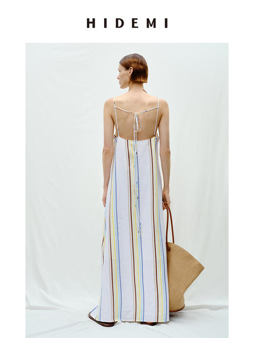 HIDEMI度假系列水洗阳光彩色条纹亚麻吊带连衣裙 商品图3