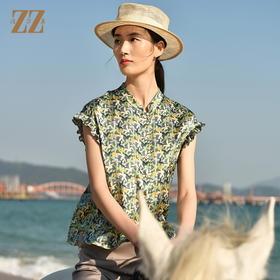 夏季新款 休闲小碎花无袖桑蚕丝真丝衬衣女E32CS33