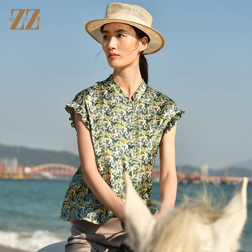夏季新款 休闲小碎花无袖桑蚕丝真丝衬衣女E32CS33 商品图0