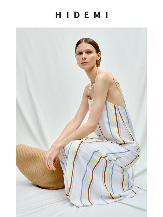 HIDEMI度假系列水洗阳光彩色条纹亚麻吊带连衣裙 商品图5