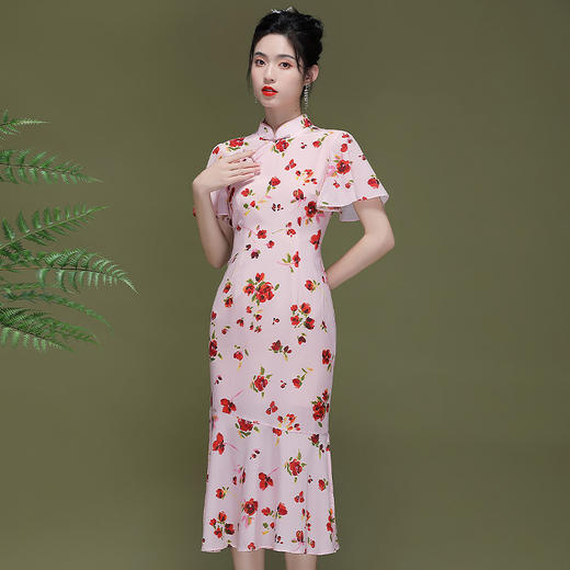 OY-230177新款中国风荷叶袖鱼尾改良旗袍连衣裙230177 商品图6