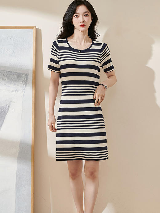 米思阳2024夏季新款通勤休闲条纹短袖连衣裙修身弹力针织裙子1733 商品图2