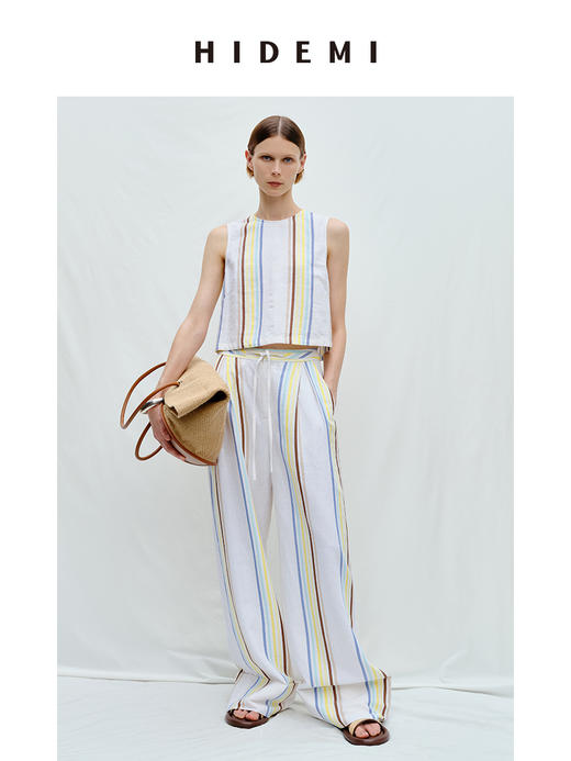 HIDEMI度假系列水洗阳光彩色条纹亚麻套装 背心/卷边阔腿裤 商品图0