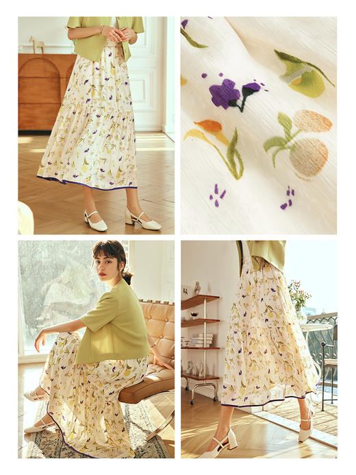 OLrain欧芮儿法式碎花半身裙女春季2023年新款高腰撞色A字伞摆裙 商品图1