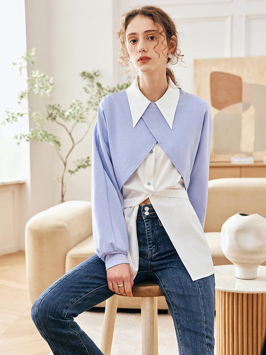 OLrain欧芮儿法式尖领衬衫女春季2023年新款宽松设计感两件套衬衣 商品图3