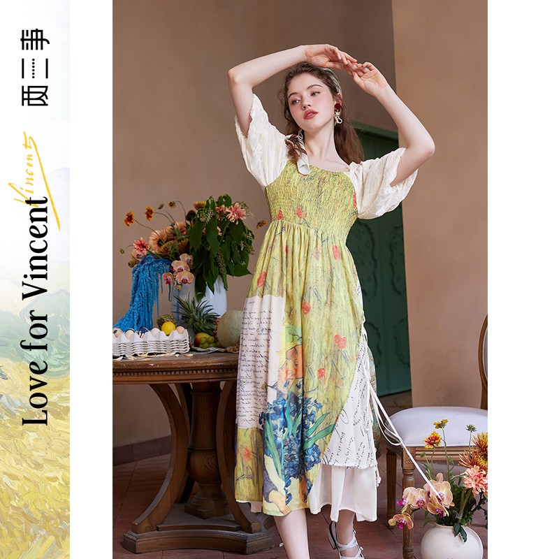两三事梵高艺术荷以清凉夏季田园风泡泡袖印花绑带连衣裙