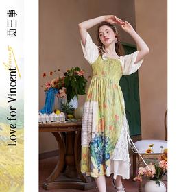 两三事梵高艺术荷以清凉夏季田园风泡泡袖印花绑带连衣裙
