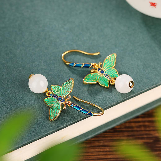 S925纯银和田白玉国潮景泰蓝圆珠蝴蝶耳坠CW-250 商品图2