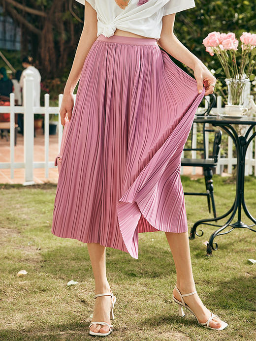 OLrain欧芮儿法式粉色半身裙女夏季2023年新款高腰百褶A字伞摆裙 商品图0