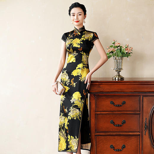 WXG 性感黑真丝桑蚕丝印花旗袍 商品图0