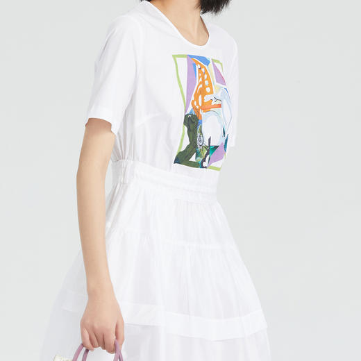 谜底2023夏新款甜美中长裙拼接收腰圆领短袖高腰连衣裙235ML6011 商品图3