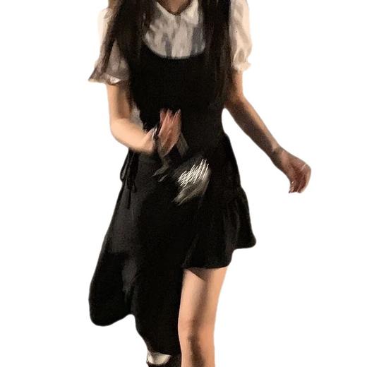 法式复古赫本风黑色假两件连衣裙女夏中长款小个子不规则开叉长裙 商品图4