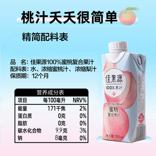 佳果源100%蜜桃汁复合浓缩果汁还原饮料整箱0脂小瓶装330ml*12瓶 商品图3