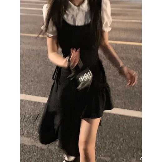 法式复古赫本风黑色假两件连衣裙女夏中长款小个子不规则开叉长裙 商品图2