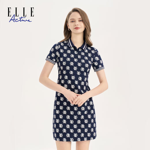 ELLE Active 夏季新款时尚翻领印花连衣裙女显瘦a字中长裙 商品图1