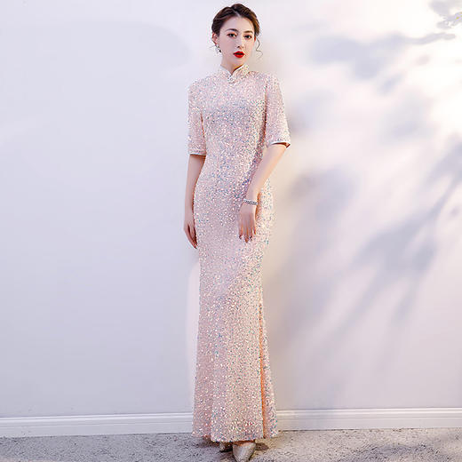 亮片旗袍新款端庄大气走秀演出服长款优雅改良版连衣裙 商品图5