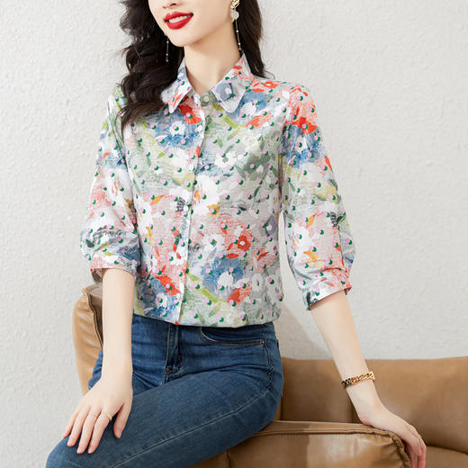 复古修身，别致设计感花色衬衫女夏季新款七分袖衬衣KQL-E253N8038 商品图5