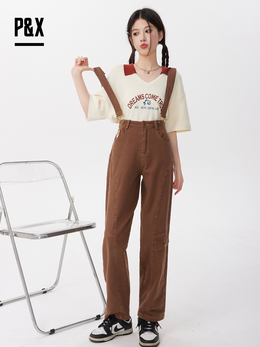 P&X设计师女装2023夏季 牛仔背带长裤H型休闲 823230163 咖啡