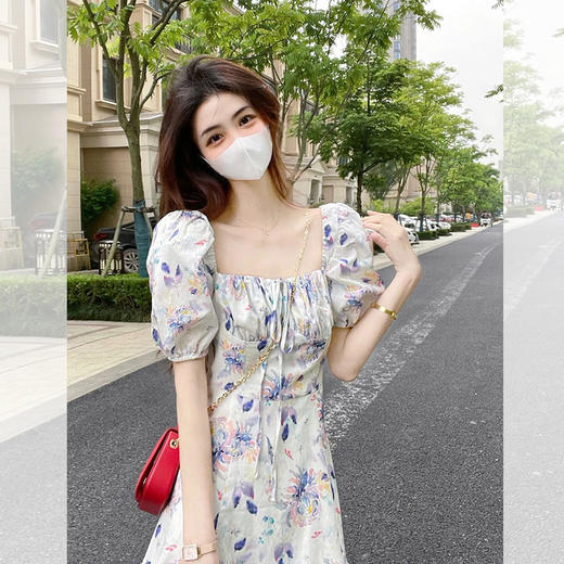 茶歇奶甜在逃公主裙夏季法式法式显瘦感泡泡袖方领连衣裙女 商品图2