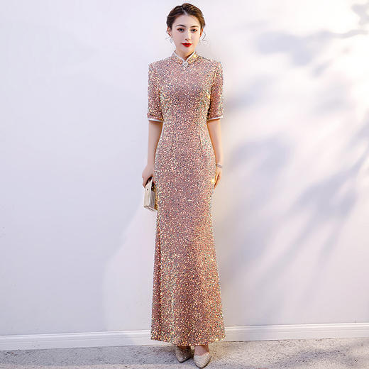 亮片旗袍新款端庄大气走秀演出服长款优雅改良版连衣裙 商品图6