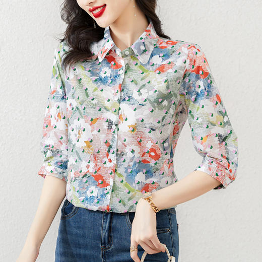 复古修身，别致设计感花色衬衫女夏季新款七分袖衬衣KQL-E253N8038 商品图2