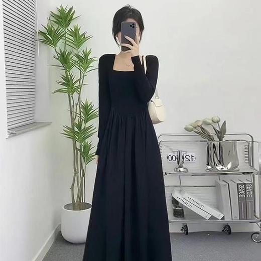 赫本风方领长袖连衣裙春夏2023新款高腰显瘦黑色打底长裙女 商品图5