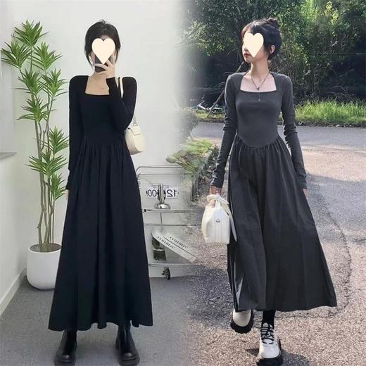 赫本风方领长袖连衣裙春夏2023新款高腰显瘦黑色打底长裙女 商品图0