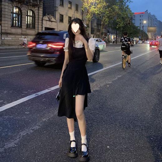 法式复古赫本风黑色假两件连衣裙女夏中长款小个子不规则开叉长裙 商品图3