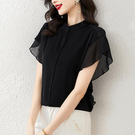 KOL-E253N8039夏季新款宽松显瘦短袖荷叶袖上衣薄款设计感小众雪纺衬衫女 商品图3