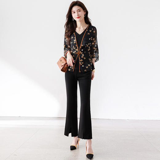 夏季新款，优雅两件套雪纺印花中袖打底衫高腰长款微喇裤套装QYM-TB-CY1029-Y 商品图2