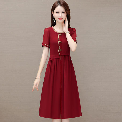 优雅修身，复古盘扣花边短袖连衣裙QYM-HSY-E23A016-Y 商品图1