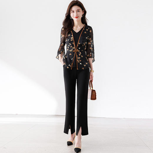 夏季新款，优雅两件套雪纺印花中袖打底衫高腰长款微喇裤套装QYM-TB-CY1029-Y 商品图1