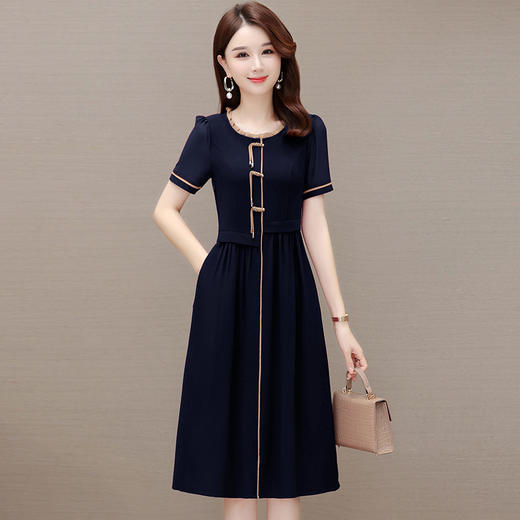 优雅修身，复古盘扣花边短袖连衣裙QYM-HSY-E23A016-Y 商品图0