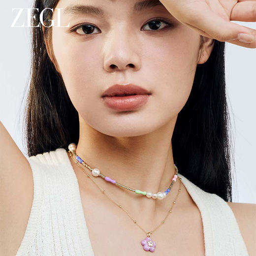 ZEGL设计师童心彩绘系列紫色小花项链女生串珠叠戴花朵夏天多巴胺穿搭锁骨链 商品图8