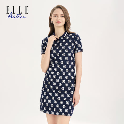 ELLE Active 夏季新款时尚翻领印花连衣裙女显瘦a字中长裙 商品图3
