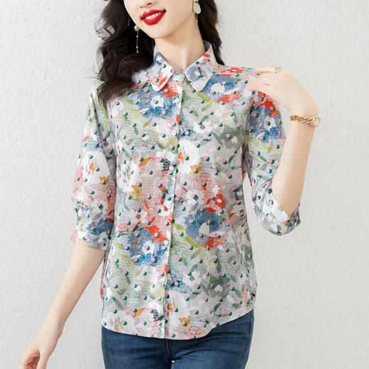 复古修身，别致设计感花色衬衫女夏季新款七分袖衬衣KQL-E253N8038 商品图3