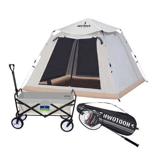 TY（分三个包裹）何大屋四面露营帐篷HDW1504 +何大屋户外折叠手推车HDW1511+何大屋羽毛球拍套装HDW130801【鲜知10.0】 商品图0