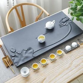 天然石材乌金石茶盘荷花家用简约浮雕原石整块黑金石茶具全套