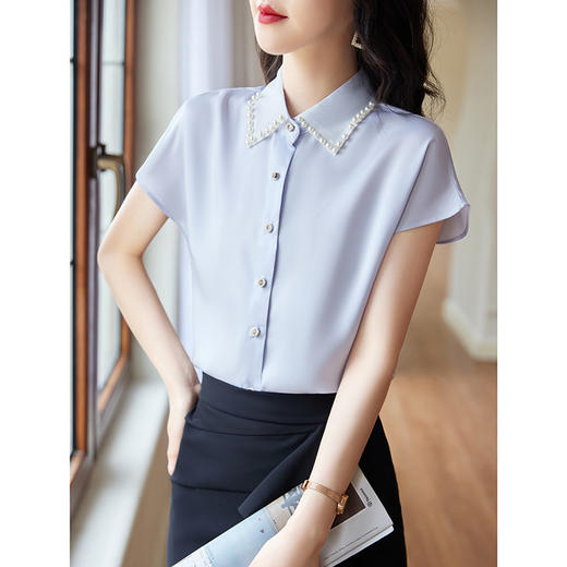 XZQ6659 薄荷绿珍珠上衣女夏季时尚甜美减龄衬衫短袖日系 商品图1