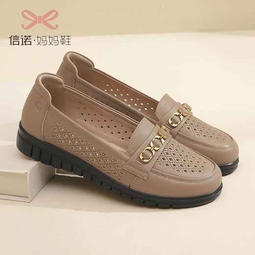 信诺真皮透气妈妈鞋子2023新款夏季软底镂空中老年乐福皮鞋女凉鞋23C6315-083 商品图6