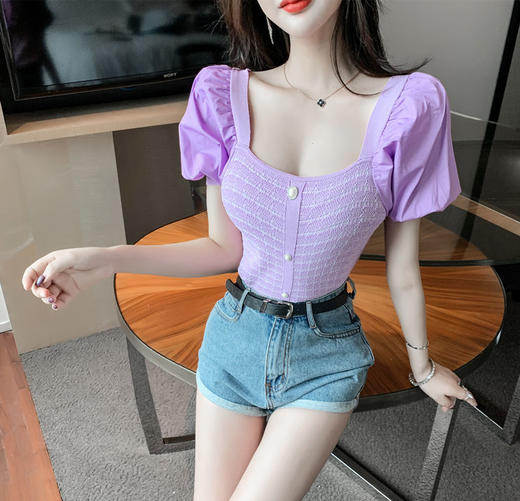 【气质港味，显身材】夏季新款短袖拼接泡泡袖冰丝女修身方领针织上衣ins 商品图2