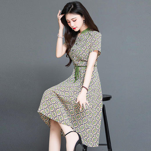 时尚气质系带，收腰扇子花连衣裙QYM-63093-1 -Y 商品图1