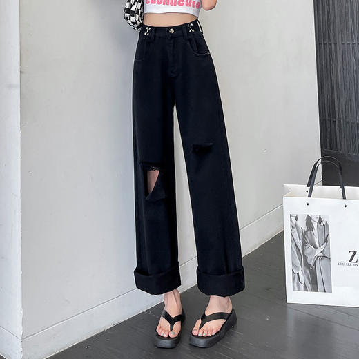 【夏季新款高腰显瘦宽松 显高显腿长！】时尚百搭，宽松休闲，舒适亲肤，吸汗透气，抗皱耐磨，个性破洞直筒拖地裤！ 商品图2