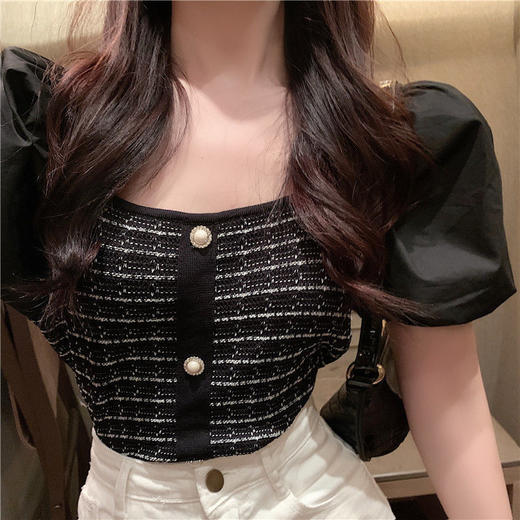 【气质港味，显身材】夏季新款短袖拼接泡泡袖冰丝女修身方领针织上衣ins 商品图3