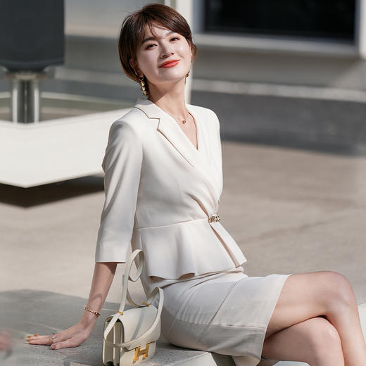 假两件洋装女七分袖夏季新款收腰V领包臀裙西装裙 商品图3